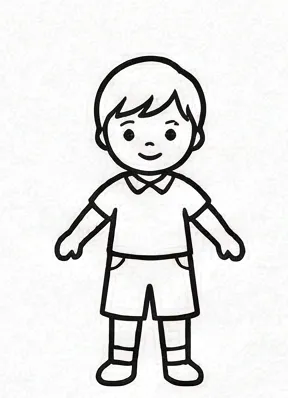 a drawing of a boy with a white shirt and black shorts.webp